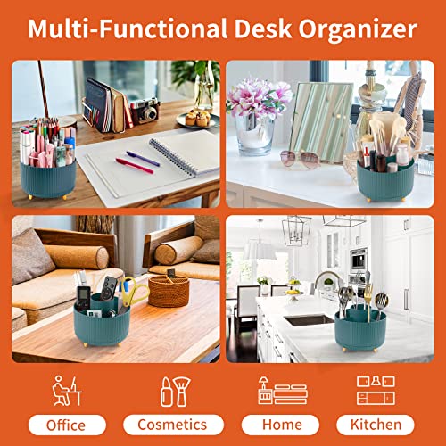 Desk Pencil Pen Holder, 5 Slots 360°Degree Rotating Pen Organizers for Desk, Desktop Storage Stationery Supplies Organizer, Cute Pencil Cup Pot for Office, School, Home, Art Supply, Dark Green - view 5