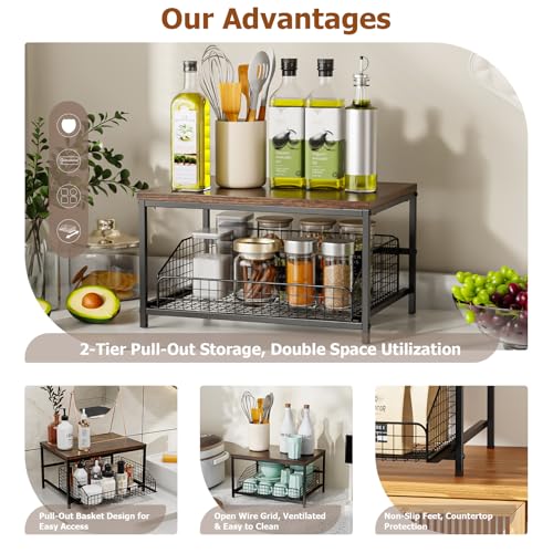 Pull Out Spice Rack Organizer for Cabinet,Rustic Wood Top with Wire Basket Storage,Kitchen Countertop Organizer and Storage for Pantry, Counter top,Coffee Station Wood. (Brown) - view 5