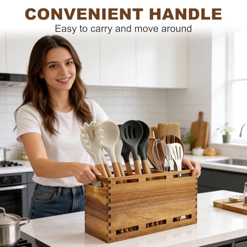 Acacia Wood Large Utensil Holder for Kitchen Counter Organizer Spoon Holder - view 7