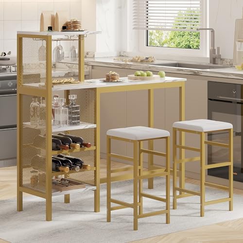 Bar Table and Chairs Set for 2, Tall Kitchen Counter Dining with Storage Shelves, Cup Holder & Wine Rack, PU Leather Cushion Stools - Small Space Solution, Gold - view 3