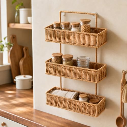 Three-Tier Wall-Mounted Storage Basket Compact PP Hanging Basket with Three Compartments Sturdy Woven-Texture Wall Organizer with Open Baskets, Dark Brown - view 3