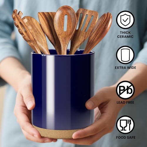 Ceramic Kitchen Utensil Holder for Countertop, Modern Crock with Non-Slip Cork Base, Counter Organizer for Cooking Tools, Blue - view 6