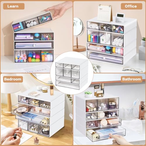 Desk Storage Organizer with 9 Drawers, 4 Tiers Stackable Desktop Craft Storage Drawers, Clear Storage Box Caddy for Stationary Makeup Jewelry Office Craft Supplies (White) - view 6