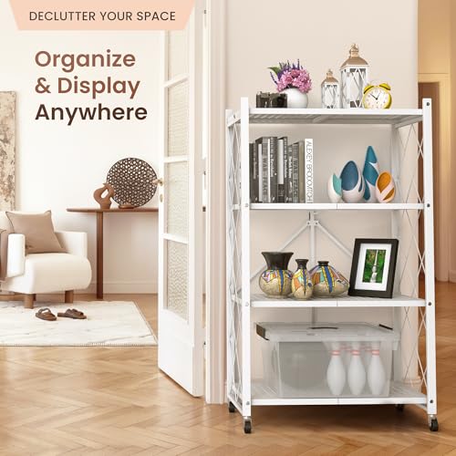4-Tier Foldable Storage Shelf with Wheels | Metal Rack Collapsible Shelving Display | Rolling Cart for Books Kitchen Storage Shelves | Pantry & Closet Organizer | Office Room Decor - view 6