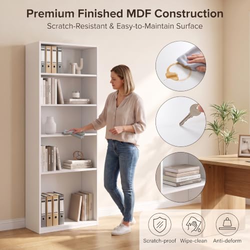 WannabeMyself【Easy Assembly】 Open Display 5-Tier Bookshelf,Storage Organizer,Bookcase for Living Room, Bedroom, Home Office,70.9×11.6×23.6,White - view 3