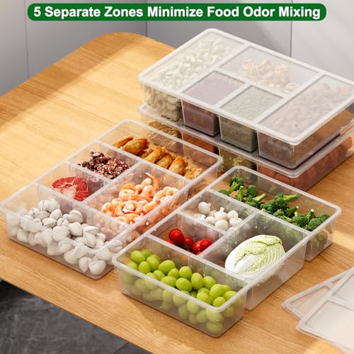 2 Pack Divided Veggie Tray with Lid, Salad Bar Containers for Fridge Organizer, 5 Compartment Snackle Box Container, Clear Plastic Food Storage & Seving for Fruit, Vegetable, Snack, Meal Prep - view 3