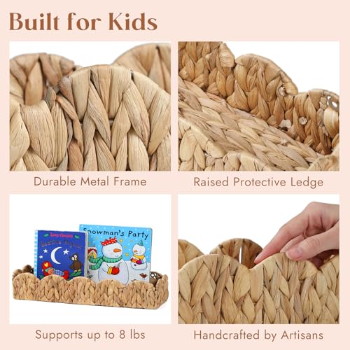 2 Pack Nursery Book Shelves, Scalloped Water Hyacinth Book Shelf for Kids Rooms, Handwoven Floating Book Shelves for Wall, 15.8” Wicker Hanging Bookshelf for Books, Toys, Photo Frames, Nursery decor - view 6