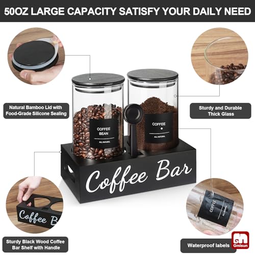 Coffee Container, 2 Pcs 50 Fl oz Airtight Bean Storage Canister, Black Glass Ground Coffee and Sugar Jar Set with Scoop/Shelf/Labels, Sugar/Tea Holder Containers for Cafe Bar Countertop - view 6