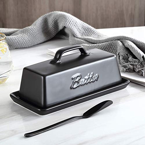 Ceramic Butter Dishes With Lid. Butter Holder/ Tray/ Storage With Lid And Handle. Porcelain Butter Keeper For Countertop. Butter Dish With Cover In Black Color. - view 5