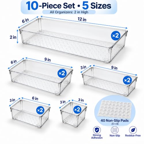 10 Pack Clear Drawer Organizer, 5 Sizes, Non-Slip Storage Trays - view 2