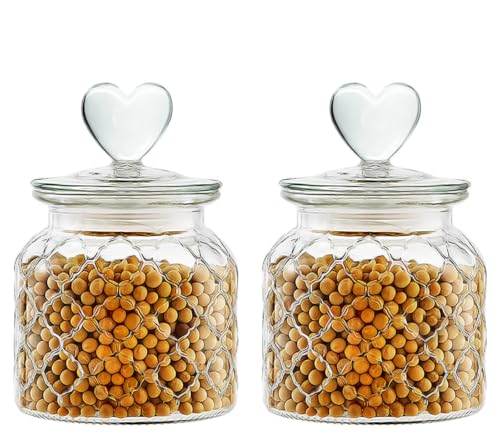 22 oz Clear Glass Canister with Cute Heart shaped Lids Set, Food Storage Glass Jars with Airtight Lids for Kitchen and Dining Room, Grid/Set of 2 - view 3