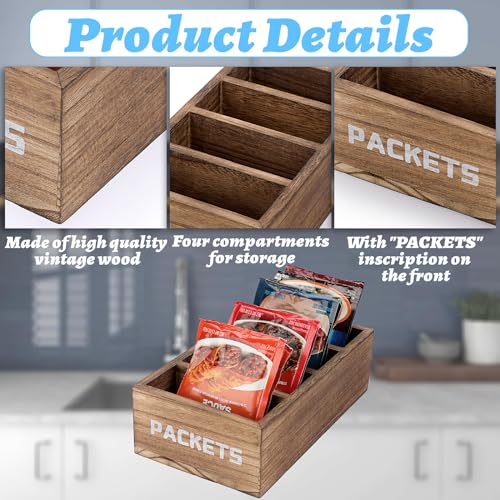 Seasoning Packet Organizer, Food Packet Storage Organizer with 4 Compartments, Wooden Storage Caddy for Kitchen Pantry Cabinet, Farmhouse Kitchen Organization Bin for Snacks Spice Packets - view 3