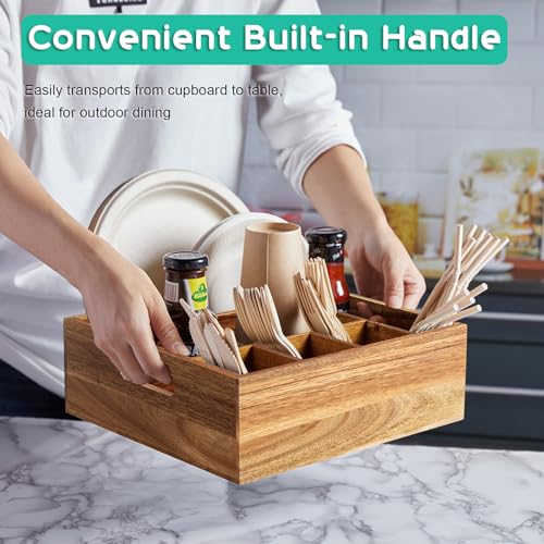 Acacia Wood Utensil Holder for Party - Paper Plate Organizer for Countertop - Silverware Caddy with 6 Compartments for Plate, Cup, Fork, Spoon - Cutlery Holder for Kitchen Camping Buffet - view 2