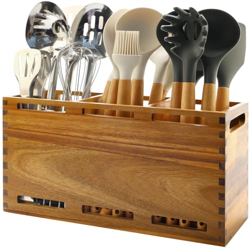Acacia Wood Large Utensil Holder for Kitchen Counter Organizer Spoon Holder