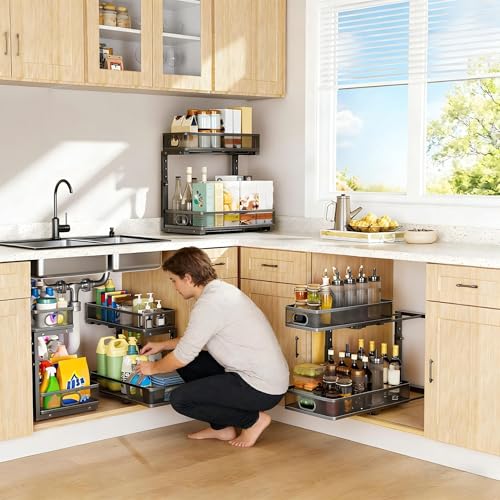 Under Sink Organizer 2 Pack, High Adjustable 2 Tier Under Sink Organizers and Storage, Slide out Metal Cabinet Organizers, Pull out Storage Drawer Shelf for Kitchen Bathroom Cabinet (Black) - view 6