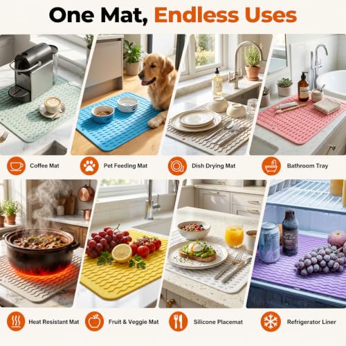 2 Pack Multicolor Silicone Dish Drying Mat for Kitchen Counter Placemats Chef Mother Essentials Espresso Machine Station Utensil Holder Rack Washer Trivets Oven Tools Cute Girl Pink Gifts - view 6