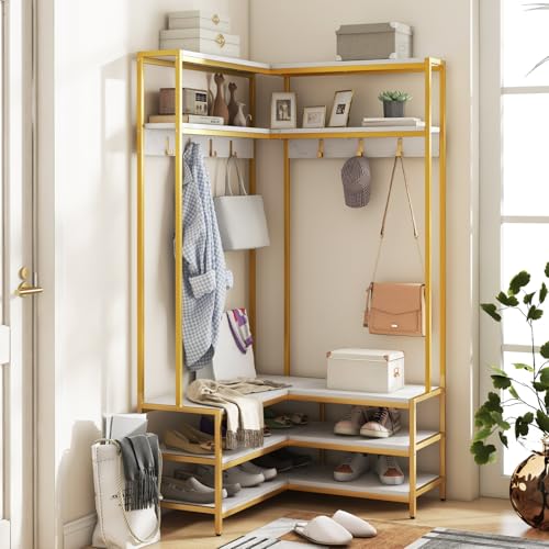 Corner Coat Rack, L-Shaped Hall Tree with Bench and Shoe Storage