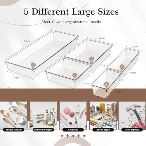 14 PCS Clear Plastic Drawer Organizer Set - 5 Large Size Versatile Kitchen and Bathroom Organizer Trays, Non-Slip Storage Bins for Makeup, Utensils, Tool and Office Desk - view 2