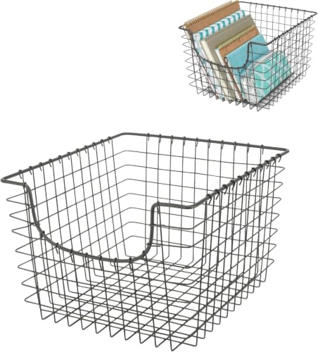 Wire Scoop Basket Storage Bin Industrial Gray Medium Metal Wire Basket Organizer for Kitchen Pantry Wire Storage Bins, Heavy Duty Rectangle Wire Storage for Kitchen Organization