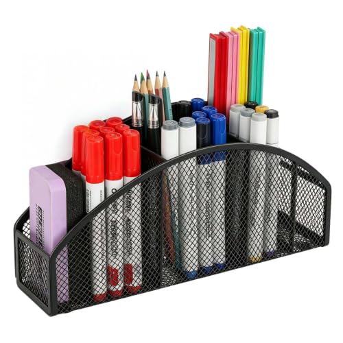 Large Magnetic Marker Holder, Heavy Duty Magnetic Whiteboard Organizer, 5 Slots Mesh Metal Magnetic Dry Erase Marker Holder Pencil Cup Caddy for Whiteboard Fridge Office (Black)