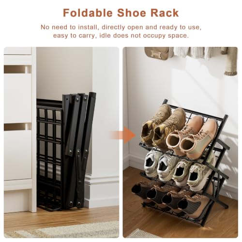 3 Tier Foldable Metal Shoe Rack, Organizer, Black - view 7