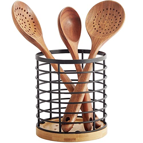 Utensil holder for Kitchen Counter - 5.2" x 5.2" x 6" Large Round with Wooden Base Matte Black Cooking Utensil Holder Utensil Organizer (Metal+Bamboo)