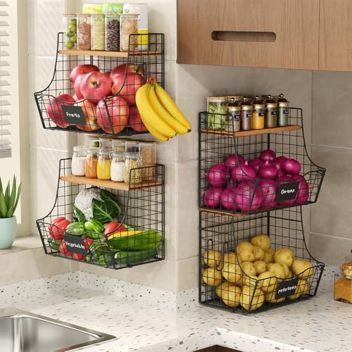 4 Pack Fruit Basket for Kitchen with Lid, Counter&Wall Mounted Hanging Fruit Basket, Potato and Onion Storage, Metal Wire Fruit and Vegetable Storage, Snack Organizer 11.81 * 8.66 * 10.63in - view 2