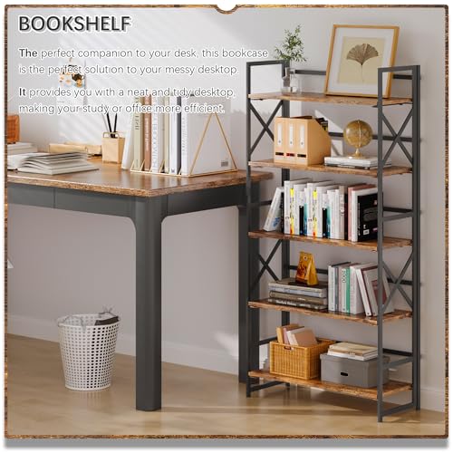 5 Tiers No Assembly Book Shelves, 51.2" H Folding Bookshelf Bookcase Open Industrial Foldable Shelves for Bedroom, Living Room, Home Office - Rustic Brown Black - view 3