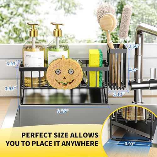 Kitchen Sink Caddy Organzier with High Brush Holder, Sponge Holder for Sink, 304 Rustproof Stainless, Kitchen Countertop Soap Dispenser Organizer (Black With Smiley Face Holder, 9.25″) - view 2