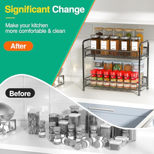 Spice Rack Organizer for Countertop, 2-Tier Foldable Metal Rust-Proof Standing Large Seasoning Storage Shelf with Guardrail and Mesh Design for Kitchen Cabinet Bathroom Living Room Pantry, Black - view 6