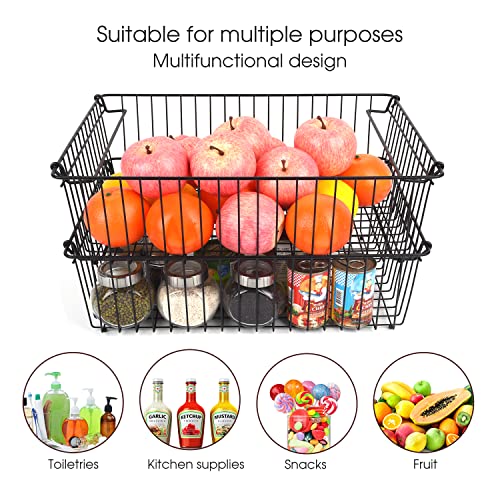 Set of 2 Stackable XXL Wire Baskets For Pantry Storage and Organization -16x12in Large Metal Food Baskets -Vegetable,Fruit,Potato,Onio, Pantry Storage Bins With Handles (Black, XXL) - view 2