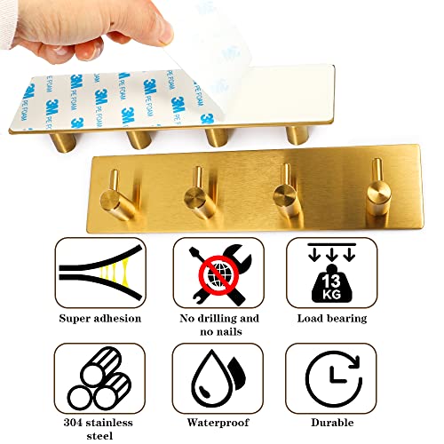 Key Holder for Christmas Wall Decorative, Adhesive Stainless Steel Key Hooks, Key Hanger Key Organizer Towel Hook Coat Hanger for Entryway Hallway Kitchen (Four Rows, Golden 1 PC) - view 7