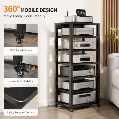 Hi-Fi Rack with Wheels - 7 Shelves Corner TV Stand Sturdy Storage Solution for Home Theater Entertainment System & Media Devices - Modern Design & Easy Mobility - view 4