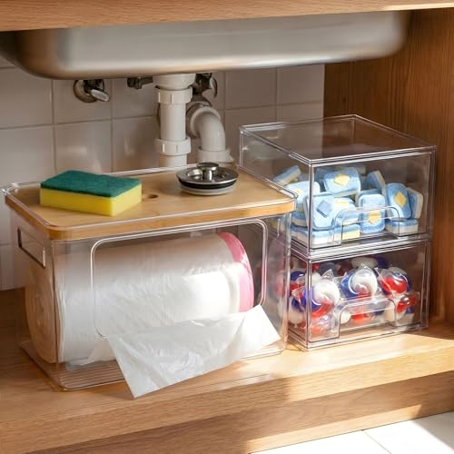 Under Sink Organizer 3 in 1, Stackable Acrylic Bathroom Storage, Trash Bag Dispenser and Dishwasher Pods Holder for Kitchen and Laundry Room Organization