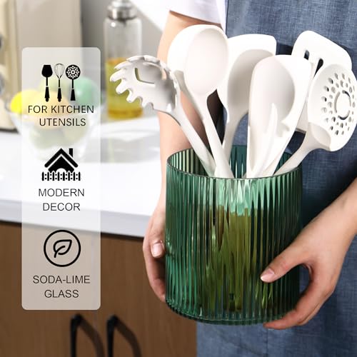 Green Utensil Holder, 6.3" Glass Kitchen Utensil Holder for Countertop, Large Cooking Utensil Holders for Kitchen Counter, Utensil Crocks for Farmhouse Decor - view 5