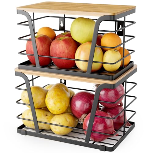 2 Pack Extra Large Pantry Storage Organizers, Pantry Baskets organization, Potato and Onion Storage Bin, Wall Mount Trash Bag Storage for 13-33 Gallon Bags with Bamboo Top, Black