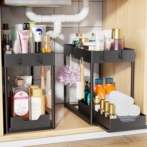 Under Sink Organizer 2 Pack, Sink Pull-Out Sliding Storage Cabinet, 2-Tier Under Shelf Organizer for Kitchen Bathroom, Black