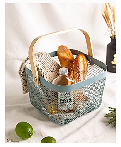 Metal Mesh Steel Basket, Storage Organizer Basket Multi-functional Hanging Kitchen Baskets Fruit Basket Bin with Bamboo Handle for Kitchen Bathroom Picnic Shopping Decor Cabinet Home, Blue - view 2