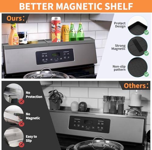 30" Magnetic Stove Top Shelf Spice Rack Storage, Silicone Top Heat Material Stove Rack Shelf Flexible Seasoning Organizer Kitchen Shelves Gadgets with 2 Functional Prtitions for Kitchen （Grey） - view 4