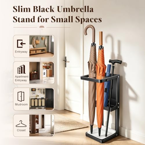 Umbrella Stand for Entryway, Sturdy Metal Umbrella Holder Indoor with Removable Drip Tray, Small Umbrella Rack for Long and Compact Umbrellas, Black Umbrella Storage Stand for Home Office - view 5