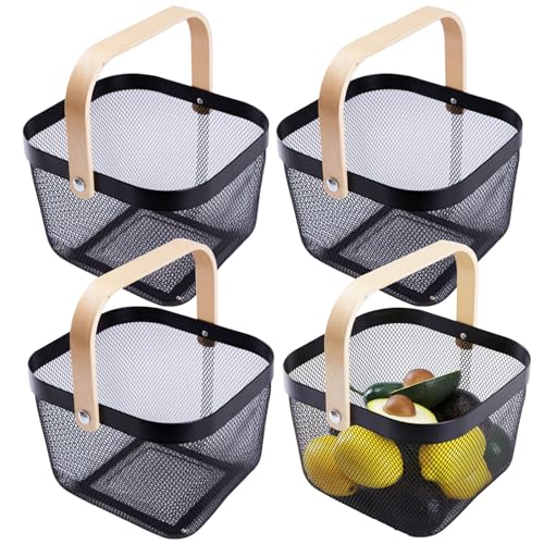 Square Metal Wire Woven Fruit Storage Bowl Basket with Wooden Handle, Large Black Mesh Fruit Stand, Multi-function Hanging Kitchen Baskets (Black, Normal 4PCS)