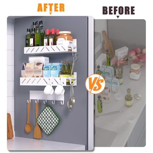 Magnetic Spice Rack for Refrigerator,4 Pack Metal Magnetic Shelf White with Hooks,Magnetic Knife Rack & 4 Hooks,Heavy Duty Space Saving Storage for Spices,Hollowed-out - view 3