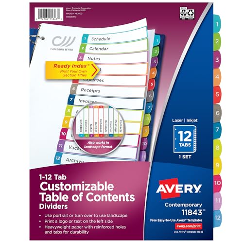 Table of Contents Dividers, 12-Tab, Multicolor, 1 Set