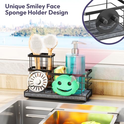 Kitchen Sink Caddy Organizer, Quick Dry Smiley Face Sponge Holder with Instant Drying Stone, Large Rustproof Sink Organizer for Kitchen Countertop Organization, Black - view 4