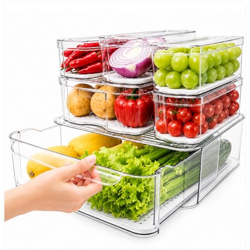 Clear Fridge Bins with Drain Trays - BPA-Free PET, Stackable(6 Pack)