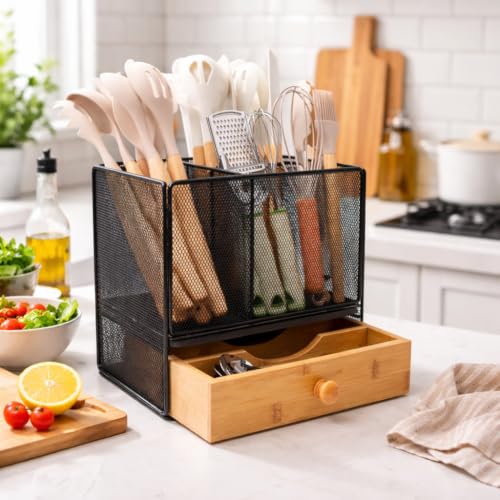 Kitchen Utensil Holder Countertop,Extra Large Utensil Organizer with Drawer - view 2