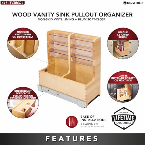30" Wood Vanity Sink Pullout Organizer Cabinet Storage with Soft-Close for Kitchen or Bathroom, Min Opening Width of 12", Maple Wood, 441-15VSBSC-1 - view 4