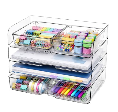 4 Tier Desk Organizer, Clear Paper Tray with 4 Storage Bins