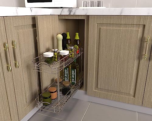 Slide Out Cabinet Organizer for Narrow Cabinet (7" W X 17" D), 2 Tier Pull Out Shelves Slim Sliding Cabinet Organizer and Storage, Chrome - view 6