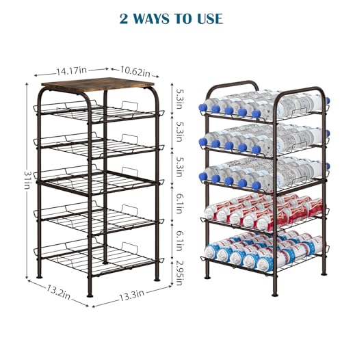 Water Bottle Organizer 5 Tier Free Standing Water Bottle Holder Rack Large Capacity Bottled Water Storage Rack Metal Soda Can Beverage Drink Stand Shelf for Kitchen Pantry Office, Brown - view 5